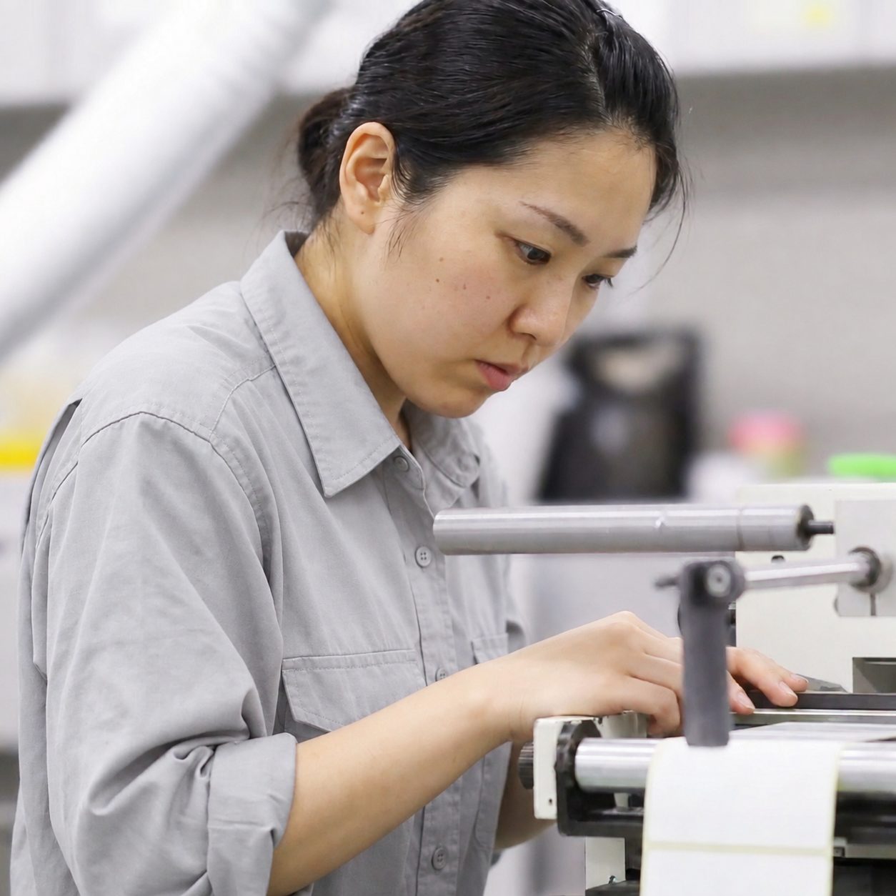 作業人員於後加工機台調整捲筒標籤
