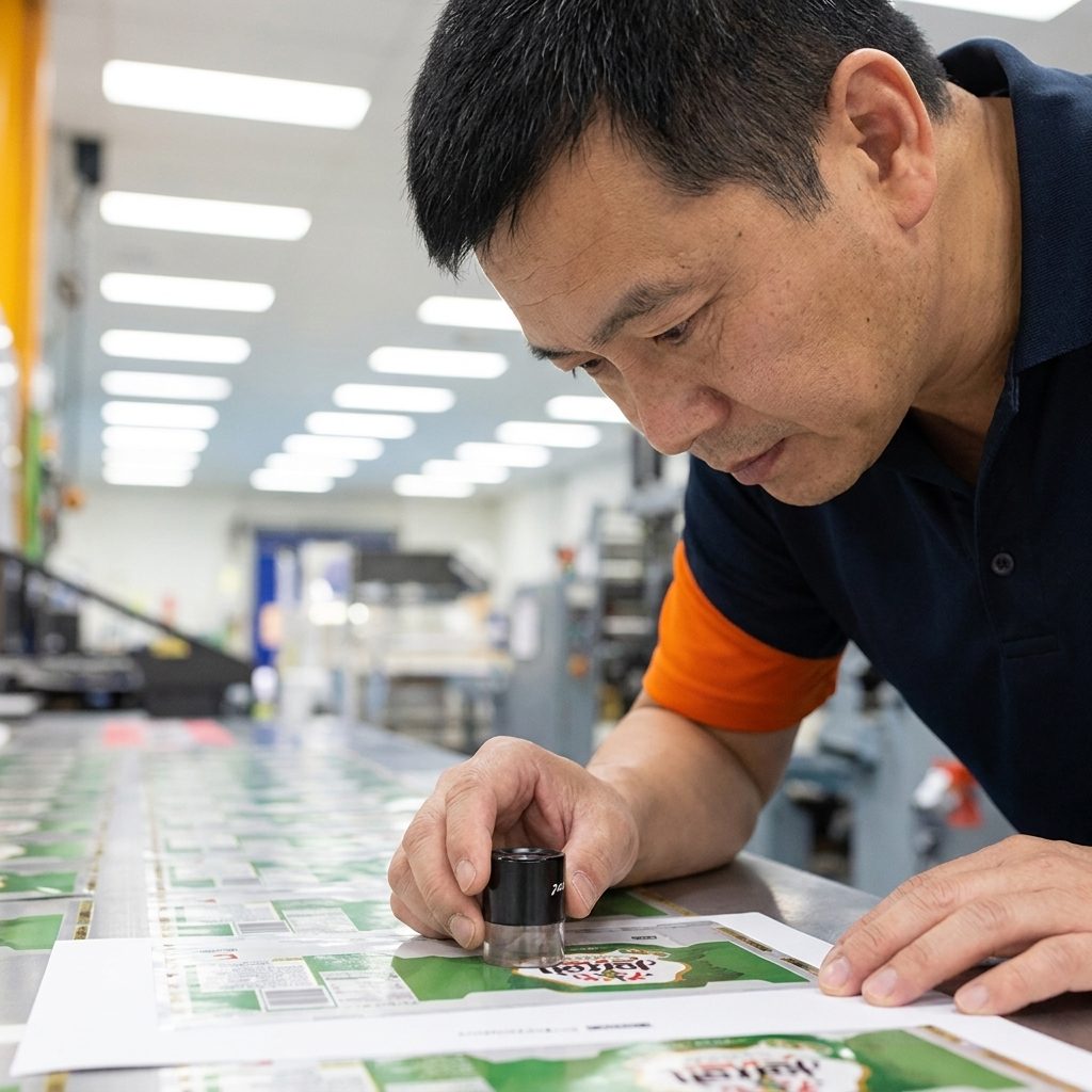品管人員以放大鏡檢查印刷套準與網點